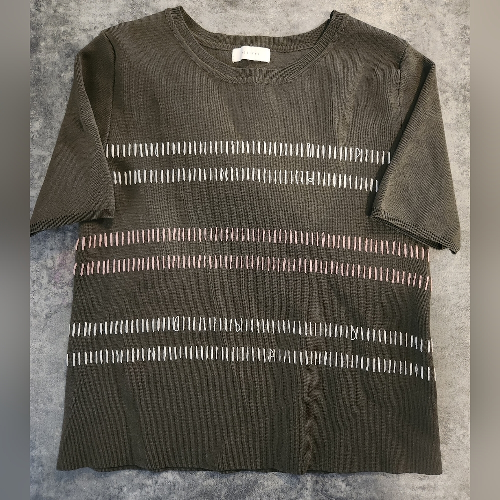 All:Row Sweater Pullover Womens M Green Embroidered Striped Front Balloon Sleeve